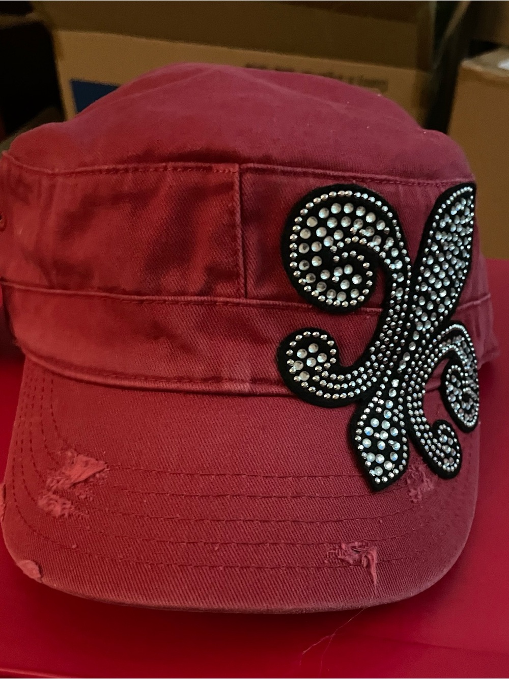 Women's Red Military-Style Cap with Rhinestone Fleur Accent